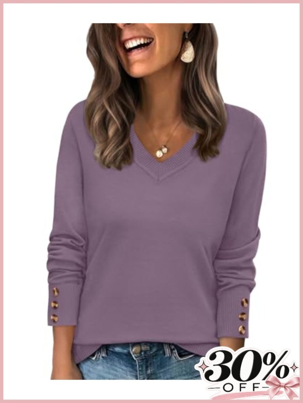 Lightweight V Neck Sweater Pullover with Decorative Buttons